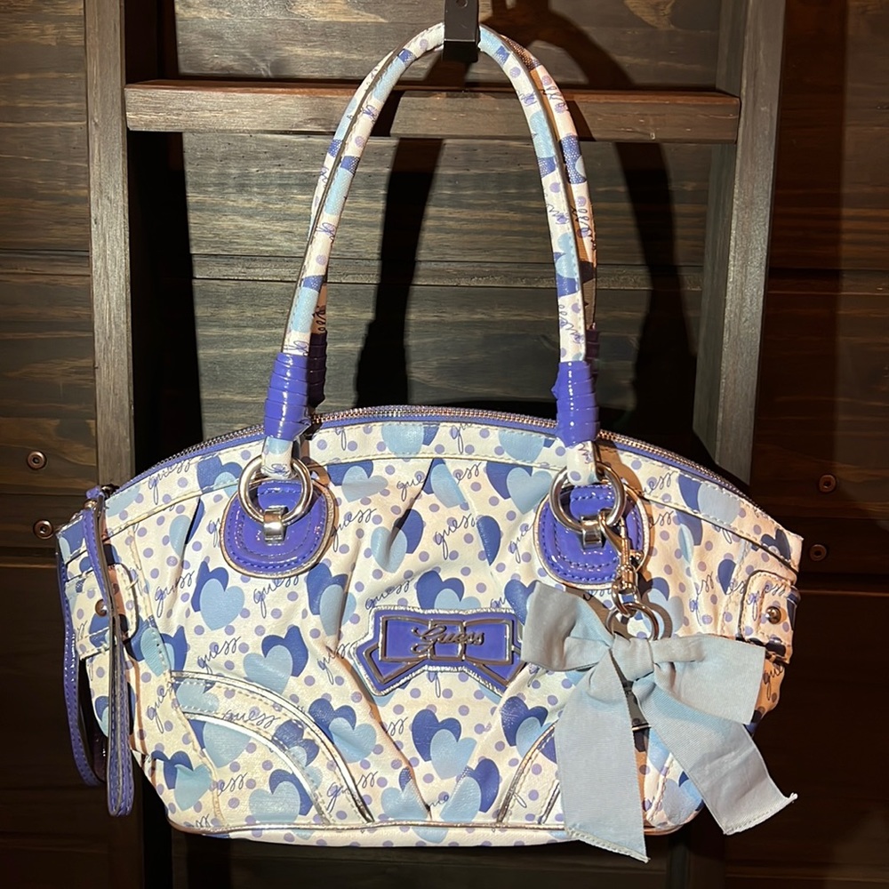 Guess Satchel Handbag Purse Hearts Light Blue Purple Medium Size